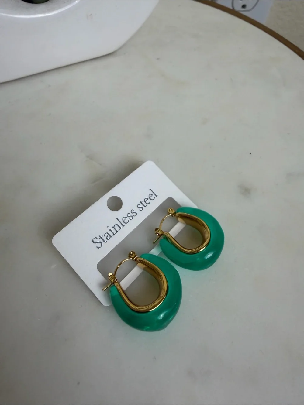 Stainless Steel Gold & Green Hoop Earrings